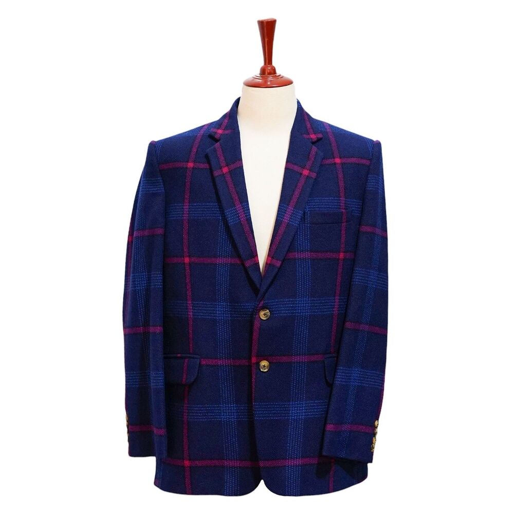 Mens Tweed Wool Sport Coat 44R Navy Blue Pink Windowpane Plaid Blazer 2 Button